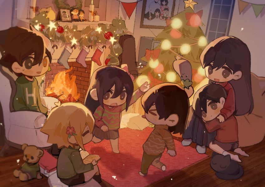 &gt;_&lt; 2girls 4boys aubrey_(omori) basil_(omori) black_eyes black_hair blackwh01396023 blonde_hair book brown_eyes brown_hair chair chibi christmas christmas_ornaments christmas_sweater christmas_tree closed_eyes closed_mouth fire fireplace hero_(omori) holding holding_book holding_stuffed_toy kel_(omori) long_skirt mari_(omori) mewo multiple_boys multiple_girls omori open_mouth parted_lips pleated_skirt sitting skirt standing stuffed_animal stuffed_eggplant stuffed_toy sunny_(omori) sweater teddy_bear tongue turtleneck turtleneck_sweater