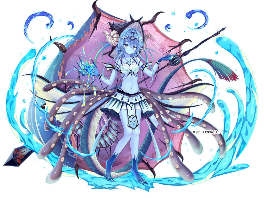 1girl 2013 arm_strap blue_hair blue_skin colored_skin commentary company_name curled_horns dot_nose fins fish_tail hair_between_eyes hair_intakes hair_ornament hat horns hydrokinesis jewelry kisaragi_yuu_(kisaragiyu) looking_at_viewer medium_hair miniskirt monster_girl navel necklace official_art pelvic_curtain seashell sennen_sensou_aigis shell simple_background skirt solo standing stomach tachi-e tail tentacles umbrella vepar_(sennen_sensou_aigis) water webbed_feet webbed_hands white_background yellow_eyes