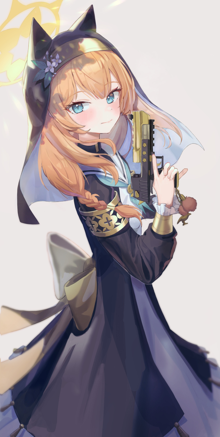 1girl absurdres animal_ear_headwear blue_archive blue_eyes blush closed_mouth coif desert_eagle flower green_neckerchief grey_background gun habit hair_between_eyes halo handgun hat hat_flower highres holding holding_gun holding_weapon loloco long_hair long_sleeves looking_at_viewer mari_(blue_archive) neckerchief nun orange_hair sailor_collar simple_background skirt solo weapon white_flower white_sailor_collar white_skirt yellow_halo
