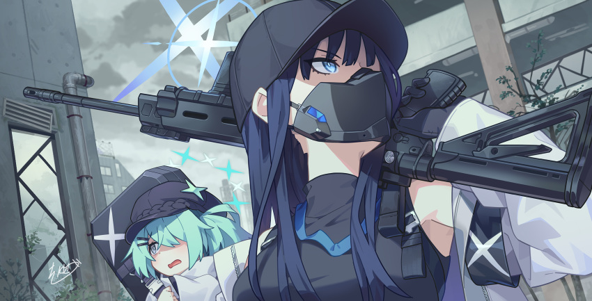 2girls armband assault_rifle backpack bag baseball_cap black_gloves blue_archive blue_eyes blue_hair cabbie_hat coat gloves green_hair grey_eyes grey_sky gun hair_over_one_eye halo hat highres hiyori_(blue_archive) mask mn3ga mouth_mask multiple_girls over_shoulder rifle saori_(blue_archive) signature sky weapon weapon_over_shoulder white_coat