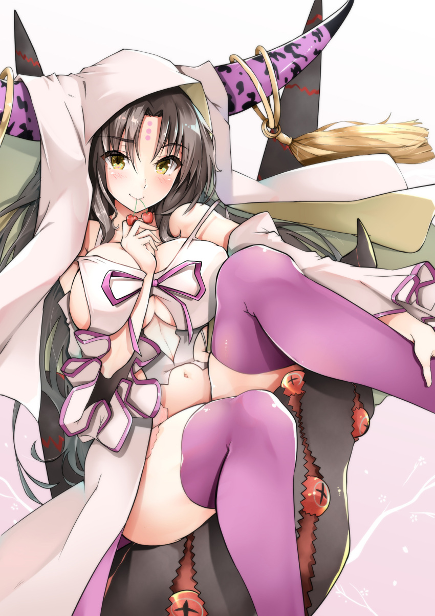 1girl black_hair black_horns blush breasts cherry closed_mouth commentary detached_sleeves dress eyeball fate/grand_order fate_(series) feet_out_of_frame food fruit hand_on_own_leg hand_up highres holding holding_food holding_fruit horn_ornament horn_ring horns large_breasts long_hair looking_at_viewer mouth_hold multicolored_horns navel pink_horns pink_ribbon pink_thighhighs ribbon sessyoin_kiara sezok sideboob simple_background sitting smile solo tassel thighhighs underboob white_background white_dress white_veil wide_sleeves yellow_eyes