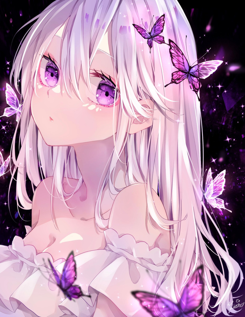 1girl bare_shoulders breasts bug butterfly detached_sleeves dress frilled_dress frills glowing_butterfly grey_hair highres long_hair looking_at_viewer luna_s210 original pink_butterfly pink_eyes purple_butterfly purple_eyes solo white_dress white_hair