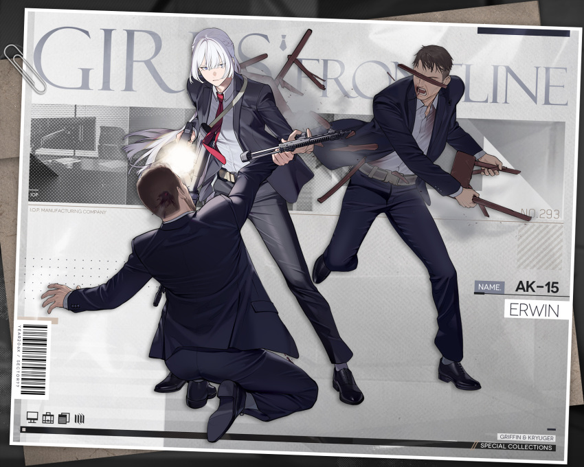 1girl 2boys ak-15 ak-15_(erwin)_(girls'_frontline) ak-15_(girls'_frontline) assault_rifle barcode beard belt black_footwear black_jacket black_pants blood blood_in_hair blood_on_clothes blood_on_mouth breaking broken brown_belt brown_hair business_suit character_name closed_mouth commentary copyright_name duoyuanjun english_commentary eyes_visible_through_hair facial_hair fighting firing formal full_body girls'_frontline grey_hair gun h&amp;k_mp7 handgun headshot henchmen highres hitting holding holding_another's_wrist holding_chair holding_gun holding_weapon jacket kalashnikov_rifle kneeling light_frown long_hair long_sleeves looking_at_another looking_to_the_side multiple_boys murder muzzle_flash necktie office_lady official_alternate_costume official_art open_mouth pant_suit pants paperclip ponytail promotional_art purple_eyes red_necktie rifle second-party_source shirt shoe_soles shoes short_hair standing submachine_gun suit teeth very_long_hair very_short_hair weapon white_shirt