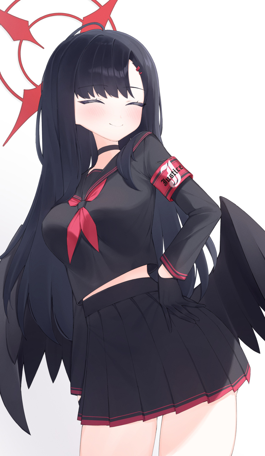 1girl ^_^ absurdres armband asymmetrical_bangs black_choker black_gloves black_hair black_serafuku black_wings blue_archive blush breasts choker closed_eyes cobe feathered_wings gloves halo hand_on_own_hip highres ichika_(blue_archive) long_hair looking_to_the_side medium_breasts midriff_peek neckerchief pleated_skirt red_armband red_halo red_neckerchief school_uniform serafuku simple_background skirt smile solo straight_hair very_long_hair white_background wings