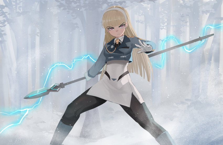 1girl blonde_hair fog forest gloves headband highres hime_cut holding holding_polearm holding_weapon jourd4n leggings lightning long_hair long_sleeves looking_at_viewer nature original polearm purple_eyes solo spear weapon white_headband