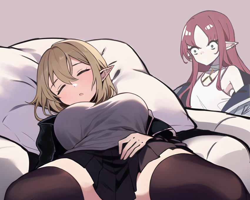 2girls arknights black_skirt black_thighhighs blonde_hair breast_envy breasts couch durin_(arknights) ear_piercing flat_chest green_eyes highres jacket large_breasts looking_at_another lying multiple_girls myown myrtle_(arknights) off_shoulder on_back open_clothes open_jacket open_mouth piercing pillow pleated_skirt pointy_ears red_hair shirt skirt sleeping spread_legs thighhighs upper_body white_shirt
