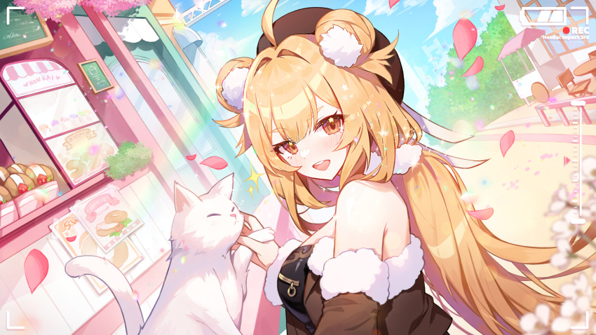 1girl :d ahoge animal apple_caramel bare_shoulders beret black_shirt blonde_hair blue_sky blush breasts brown_eyes brown_headwear brown_jacket cat cloud commentary_request day double_bun food from_side fur-trimmed_jacket fur-trimmed_sleeves fur_trim hair_bun hair_intakes hat highres honkai_(series) honkai_impact_3rd jacket long_hair looking_at_viewer looking_to_the_side medium_breasts official_art outdoors petals recording shirt sky smile solo susannah_manatt thick_eyebrows upper_body very_long_hair white_cat