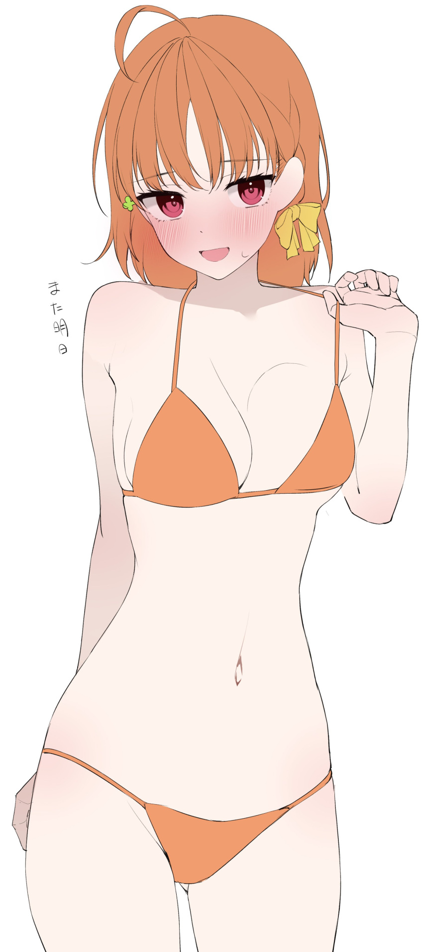 1girl absurdres adjusting_clothes adjusting_swimsuit bare_shoulders bikini blush breasts cleavage feet_out_of_frame hair_ribbon highres kawai_ritsu_(rits_meg) looking_at_viewer love_live! love_live!_sunshine!! medium_breasts navel open_mouth orange_bikini orange_hair red_eyes ribbon short_hair solo standing swimsuit takami_chika upper_body yellow_ribbon