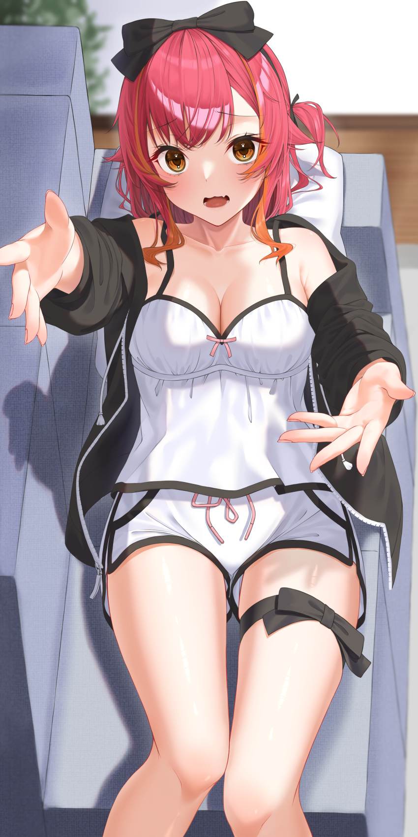 1girl absurdres bare_shoulders black_jacket blush breasts camisole cleavage collarbone fang highres jacket kiaoekakishitai large_breasts long_hair looking_at_viewer loungewear multicolored_hair nekota_tsuna one_side_up open_clothes open_jacket open_mouth orange_eyes red_hair shorts skin_fang solo virtual_youtuber vspo! white_camisole white_shorts