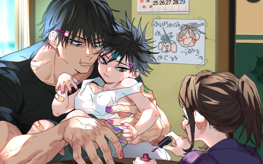 1girl 2boys :| absurdres aged_down bandaid black_hair black_shirt blue_eyes blush brother_and_sister brown_hair calendar_(object) carrying carrying_person child's_drawing closed_mouth expressionless eyelashes father_and_daughter father_and_son fingernails fushiguro_megumi fushiguro_touji fushiguro_tsumiki green_nails hair_ornament hairpin highres indoors jujutsu_kaisen multiple_boys multiple_hairpins nail nail_polish pink_nails ponytail purple_nails scallopojisan scar scar_on_face scar_on_mouth shirt short_hair siblings sitting smile spiked_hair tank_top white_tank_top