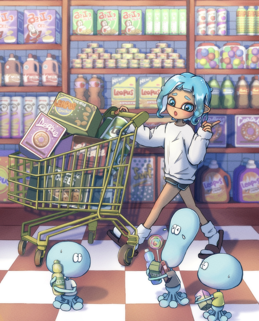 &gt;_&lt; 1girl absurdres black_shirt black_shorts blue_eyes blue_hair blush bottle box brown_footwear can candy cereal_box checkered_floor commentary_request dark-skinned_female dark_skin detergent doughnut drink food green_shirt groceries hands_up highres holding holding_bottle index_finger_raised indoors inkling inkling_girl jar jellyfish_(splatoon) jug_(bottle) lollipop long_sleeves looking_at_another looking_down milk moromi_(kscd4482) open_mouth paper_towel pointy_ears raised_eyebrows sandals shadow shelf shirt shopping shopping_cart short_eyebrows short_hair short_shorts short_sleeves shorts sidelocks sleeves_past_wrists socks soda soda_bottle splatoon_(series) standing supermarket sweatdrop swirl_lollipop t-shirt tears tentacle_hair tile_floor tiles walking wavy_hair white_shirt white_socks