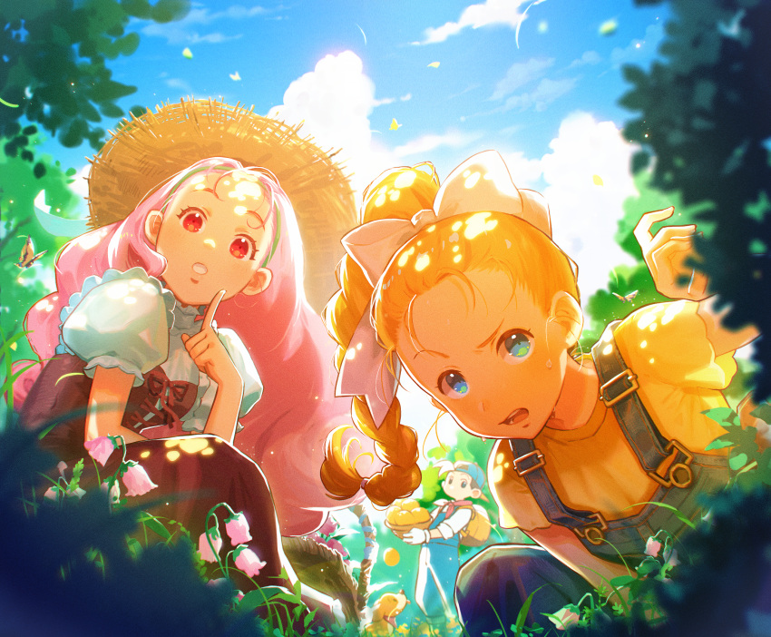 1boy 2girls :o animal backpack backwards_hat bag baseball_cap basket bird black_hair blonde_hair blue_eyes blue_headwear blue_overalls blurry bokujou_monogatari bow braid braided_ponytail bug butterfly chick cloud curious dappled_sunlight day depth_of_field dog dress flower hair_bow hairband hand_up hat highres holding holding_basket long_hair looking_at_viewer multiple_girls nature neckerchief nshi open_mouth outdoors overalls pete_(bokujou_monogatari) pink_flower pink_hair popuri_(bokujou_monogatari) puffy_short_sleeves puffy_sleeves ran_(bokujou_monogatari) red_dress red_eyes red_neckerchief shirt short_hair short_sleeves single_braid squatting standing straw_hat sunlight sweat white_bow white_shirt yellow_shirt