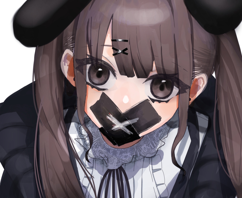 1girl aoishi_pachira brown_eyes brown_hair center_frills duct_tape earrings frills gag hair_ornament hairclip highres improvised_gag jacket jewelry lace_collar long_hair looking_at_viewer neck_ribbon original ribbon solo tape tape_gag twintails upper_body