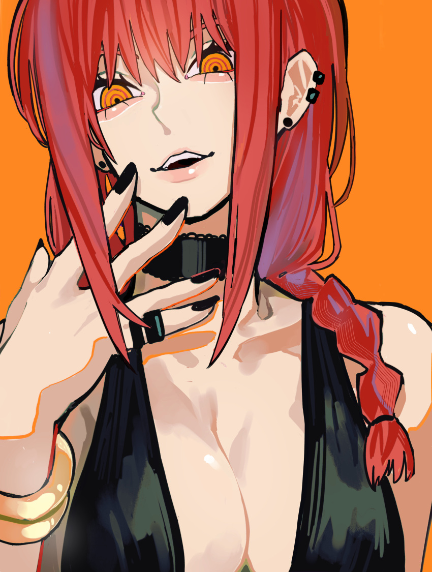 1girl absurdres bare_shoulders black_choker black_dress black_nails bracelet braid breasts chainsaw_man choker cleavage dress ear_piercing earrings highres jewelry large_breasts long_hair makima_(chainsaw_man) multiple_earrings orange_background orange_eyes piercing pinky_ring red_hair ring ringed_eyes sailen0 sidelocks simple_background stud_earrings upper_body