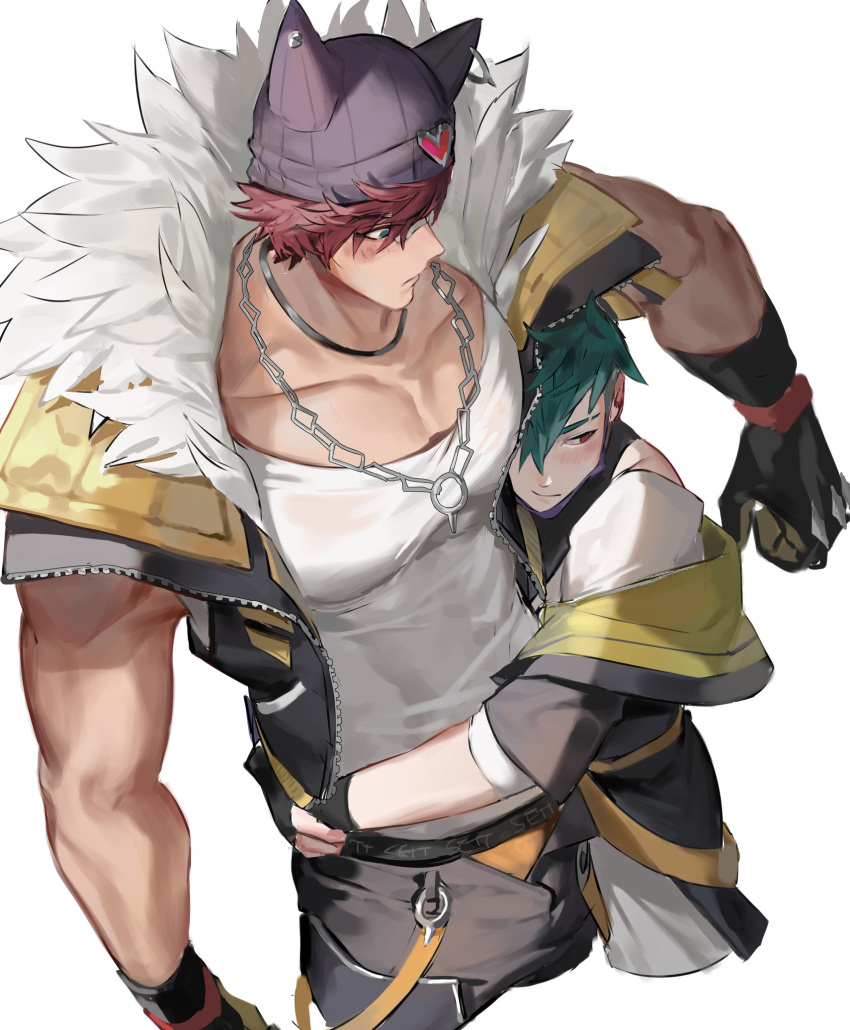 2boys aphelios bara black_jacket black_pants couple cropped_jacket fur-trimmed_jacket fur_trim green_hair hat heartsteel_(league_of_legends) heartsteel_aphelios heartsteel_sett highres hug jacket jewelry large_pectorals league_of_legends looking_at_another male_focus multiple_boys muscular muscular_male necklace off_shoulder open_clothes open_jacket pants pectorals pink_hair see-through sett_(league_of_legends) shirt short_hair tank_top tzar_game white_shirt white_tank_top yaoi