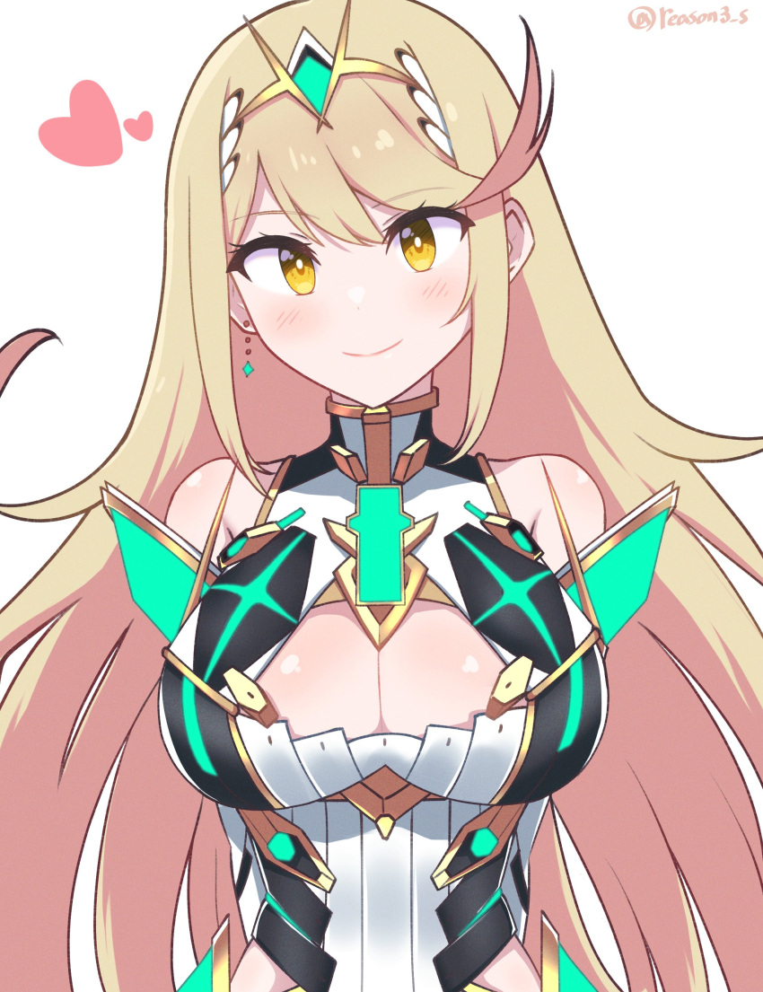 1girl absurdres arms_behind_back bare_shoulders blonde_hair blush breasts chest_jewel cleavage dress earrings headpiece heart highres jewelry large_breasts long_hair looking_at_viewer mythra_(xenoblade) reason3_s smile solo swept_bangs tiara very_long_hair white_background xenoblade_chronicles_(series) xenoblade_chronicles_2 yellow_eyes