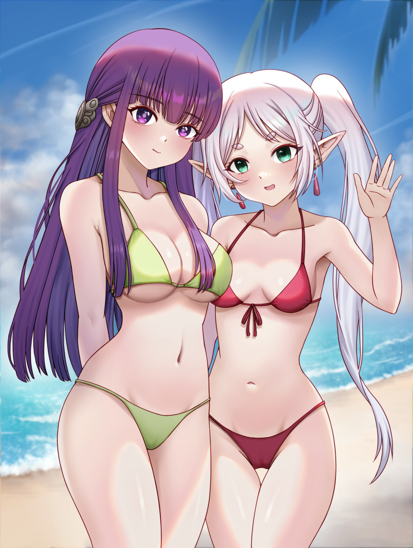 2girls :d absurdres alternate_costume arms_behind_back bare_arms beach bikini blue_sky blunt_bangs breasts cameltoe cleavage closed_mouth cloud collarbone cowboy_shot day earrings fern_(sousou_no_frieren) frieren front-tie_bikini_top front-tie_top gem green_bikini green_eyes hair_ornament halterneck highres jewelry large_breasts long_hair looking_at_viewer multiple_girls navel ocean open_mouth outdoors palm_tree parted_bangs pointy_ears purple_eyes purple_hair red_bikini red_gemstone red_ribbon ribbon sky small_breasts smile sousou_no_frieren summer swimsuit thigh_gap tree twintails underboob user_hzyc7324 very_long_hair white_hair