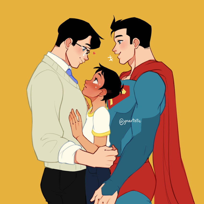 1girl 2boys black_hair blue_eyes blush boy_sandwich brown_eyes cape clark_kent collared_shirt dark-skinned_female dark_skin dc_comics dual_persona glasses heart highres lois_lane multiple_boys my_adventures_with_superman necktie sandwiched shirt short_hair superman superman_(series) sweater t-shirt twitter_username yellow_background ynartistic