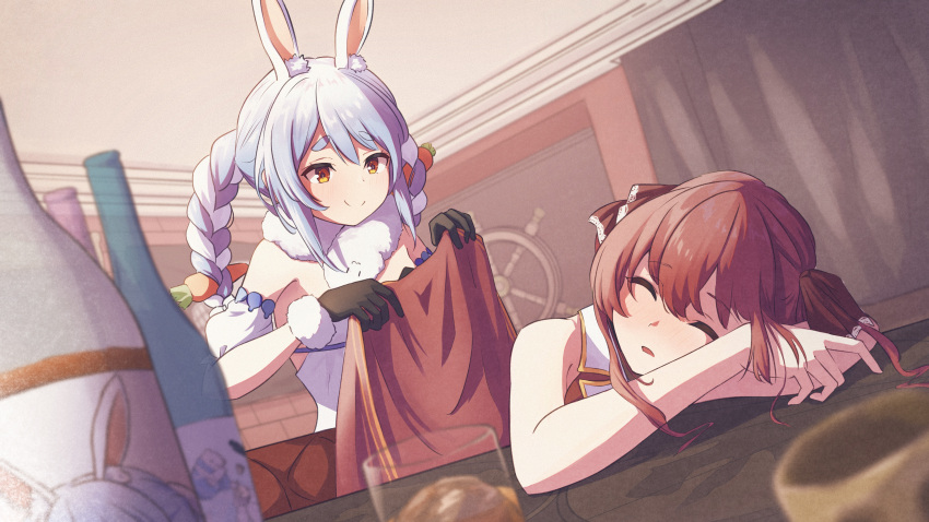 2girls absurdres alcohol animal_ear_fluff animal_ears arm_garter black_gloves blue_hair bottle braid carrot_hair_ornament don-chan_(usada_pekora) dress food-themed_hair_ornament fur-trimmed_gloves fur_trim gloves hair_ornament highres hololive houshou_marine houshou_marine_(1st_costume) jacket multicolored_hair multiple_girls oki_no_fuji orange_eyes rabbit_ears red_hair red_jacket red_ribbon ribbon sake_bottle ship's_wheel short_eyebrows sleeping sleeveless sleeveless_jacket smile streaked_hair table twin_braids usada_pekora usada_pekora_(1st_costume) white_dress white_hair