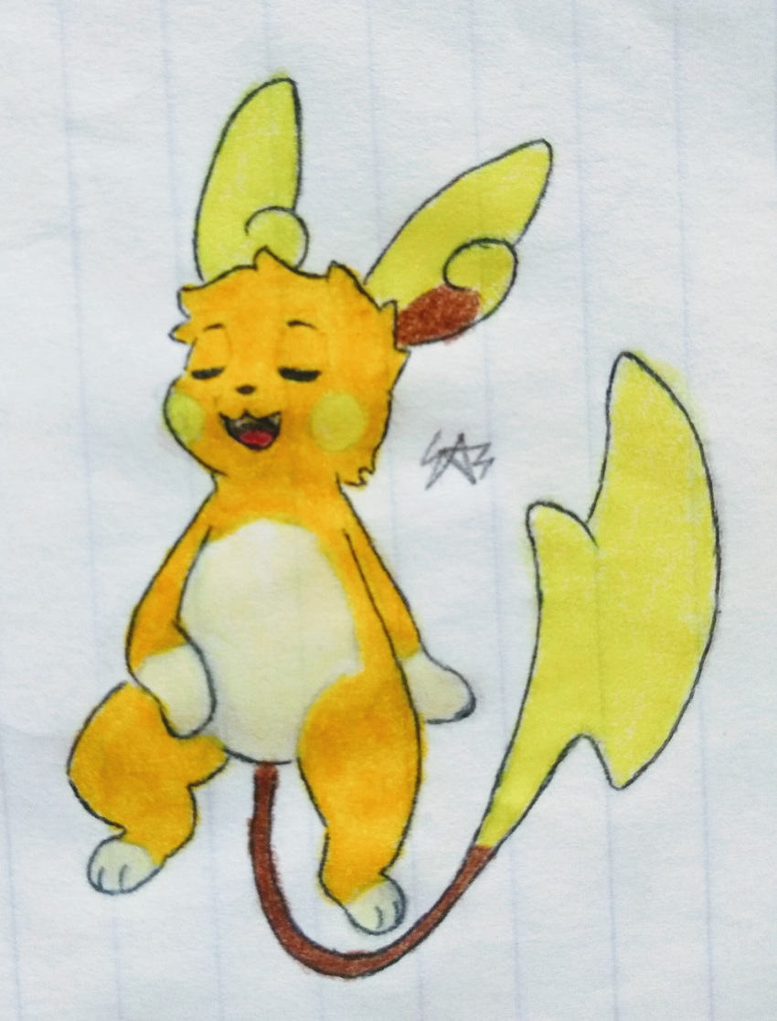 ambiguous_gender anthro belly dipstick_limbs eyes_closed generation_1_pokemon hi_res nintendo open_mouth pikachu-deluxe pokemon pokemon_(species) portrait raichu signature sketch solo tail white_belly yellow_ears yellow_tail