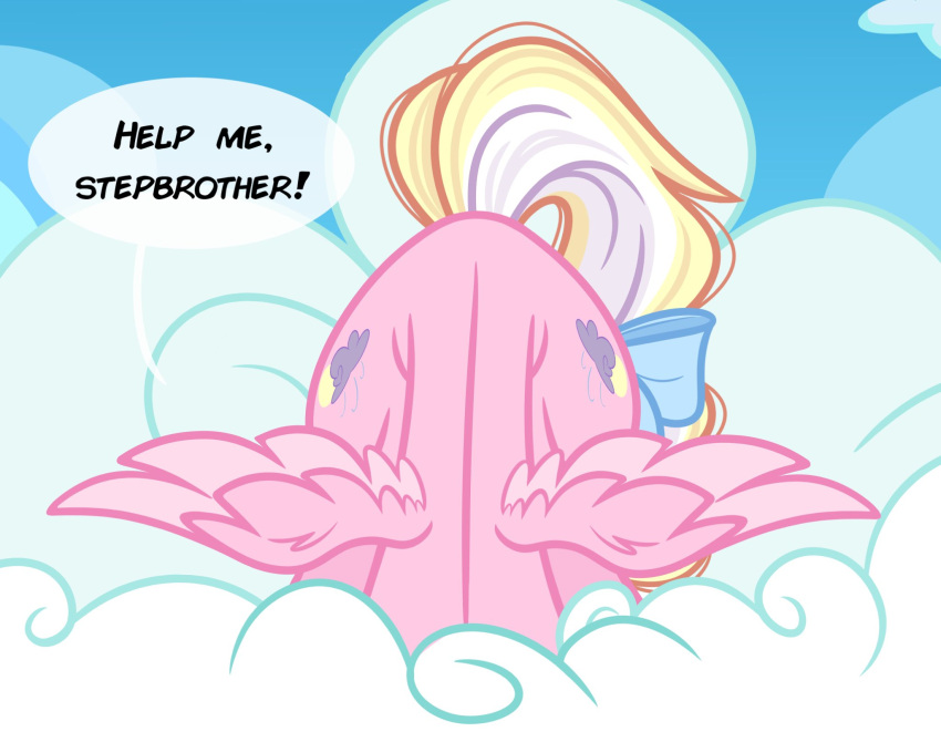 bay_breeze blonde_hair bow_ribbon cloud dialogue emberslament english_text equid equine fan_character female fur hair hasbro head_down help_me_stepbro_i'm_stuck hi_res mammal meme my_little_pony pegasus pink_body pink_fur text wings