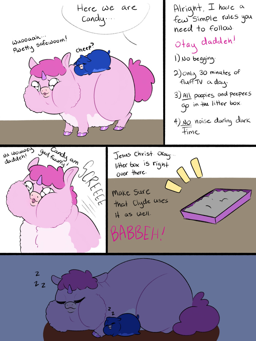 baby_talk blue_body blue_fur dialogue duo english_text equid equine female feral fluffy_pony fluffy_pony_(species) fur hair hi_res horn litter_box longfluffering male mammal offscreen_character pink_body pink_fur pink_hair screaming sleeping text unicorn