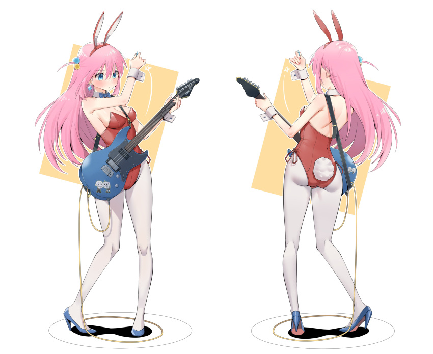 1girl absurdres animal_ears ass blue_bow blue_bowtie blue_eyes bocchi_the_rock! bow bowtie breasts chen_yang_yang cosplay cube_hair_ornament daicon_bunny_girl daicon_bunny_girl_(cosplay) daicon_iv earrings electric_guitar fake_animal_ears flcl from_behind full_body gotou_hitori guitar hair_ornament hairband haruhara_haruko haruhara_haruko_(cosplay) high_heels highres holding holding_instrument holding_plectrum ijichi_nijika instrument jewelry kita_ikuyo leotard long_hair medium_breasts multiple_views pantyhose parted_lips pink_hair playboy_bunny plectrum rabbit_tail red_hairband red_leotard side_ahoge sticker strap tail white_pantyhose wire yamada_ryou
