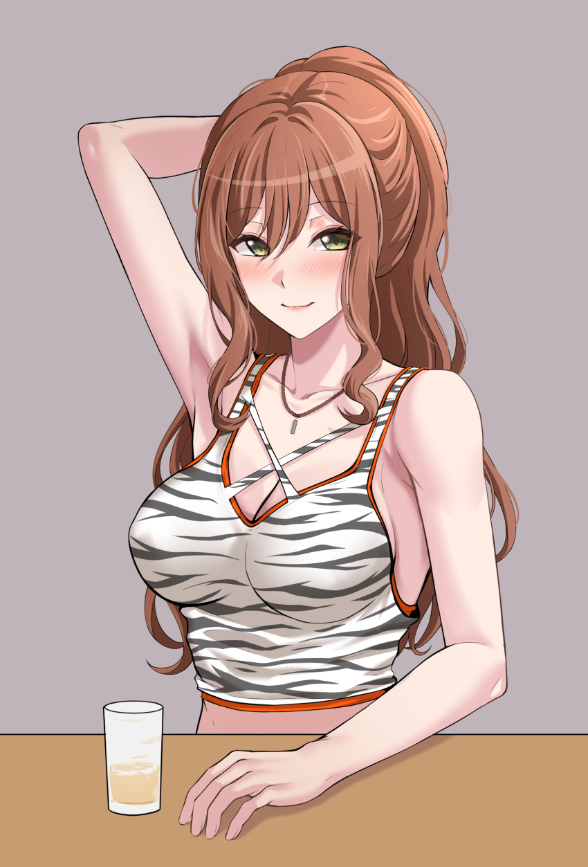 1girl absurdres animal_print arm_behind_head arm_on_table arm_up armpit_crease armpits bang_dream! bare_arms bare_shoulders blush breasts brown_hair cleavage closed_mouth collarbone commentary crop_top cup drink drinking_glass green_eyes grey_background hair_between_eyes half_updo highres imai_lisa jewelry large_breasts long_hair looking_at_viewer necklace pendant print_tank_top ptal sidelocks simple_background smile solo symbol-only_commentary table tank_top upper_body wavy_hair white_tank_top white_tiger_print