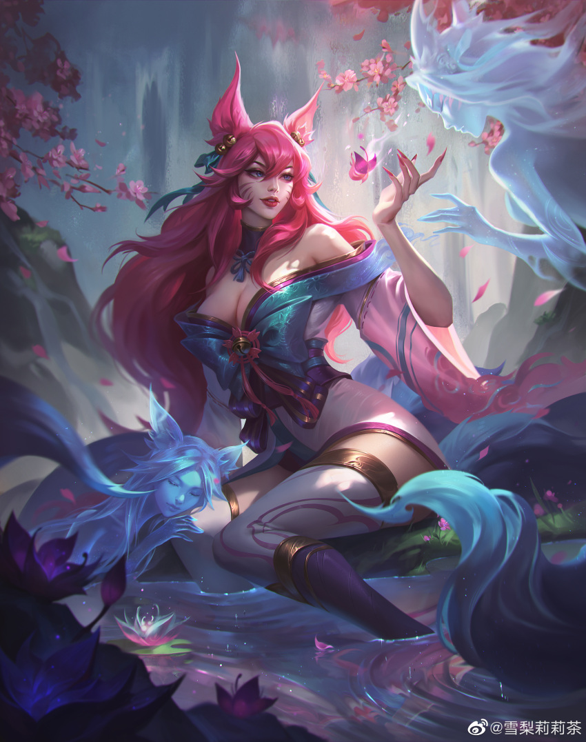 3girls absurdres ahri_(league_of_legends) animal_ears artist_name bell blue_eyes breasts cherry_tree cleavage detached_sleeves eyeshadow facial_mark falling_petals fingernails flower forest fox_ears fox_girl fox_tail grass hair_between_eyes highres large_breasts leaf league_of_legends long_hair lotus makeup multiple_girls multiple_tails nail_polish nature official_alternate_costume official_alternate_hairstyle outdoors parted_lips petals pink_flower pink_hair pink_nails reflection reflective_water sidelocks smile solo_focus spirit spirit_blossom_(league_of_legends) spirit_blossom_ahri sydney_lily tail tree water whisker_markings wide_sleeves