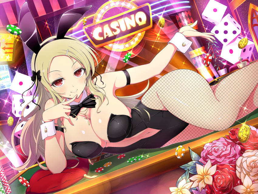 1girl animal_ears armband bare_shoulders black_armband black_bow black_bowtie black_leotard blonde_hair blush bouquet bow bowtie breasts casino chair cleavage coin collarbone detached_collar dice fake_animal_ears fishnet_pantyhose fishnets flower gold_coin gold_tassel hair_bow hair_ornament highleg highleg_leotard highres jewelry key key_necklace large_breasts leaf lens_flare leotard light_particles linea_alba long_hair looking_at_viewer lying mole mole_under_mouth navel necklace official_alternate_costume official_art on_table oversized_object pantyhose pillow plant playboy_bunny poker_chip poker_table potted_plant purple_flower purple_rose rabbit_ears red_curtains red_eyes red_flower red_rose rose seductive_smile senran_kagura senran_kagura_new_link senran_kagura_shinovi_versus shiki_(senran_kagura) shiny_skin smile solo sparkle stage stage_lights strapless strapless_leotard table white_flower white_rose window wrist_cuffs yaegashi_nan yellow_flower