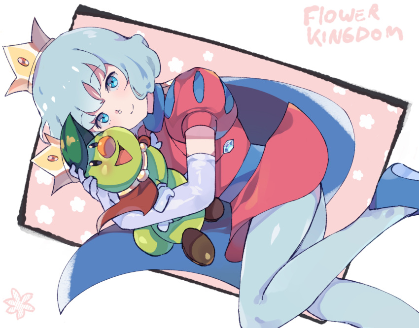 2boys :d androgynous aqua_eyes blue_footwear bob_cut cape caterpillar crown dutch_angle elbow_gloves flower fq75017 gloves holding hug jewelry looking_at_viewer male_focus mario_(series) multiple_boys necklace otoko_no_ko pantyhose prince_florian prince_haru red_tunic short_hair simple_background smile super_mario_bros.:_peach-hime_kyushutsu_dai_sakusen! super_mario_bros._wonder tunic white_gloves