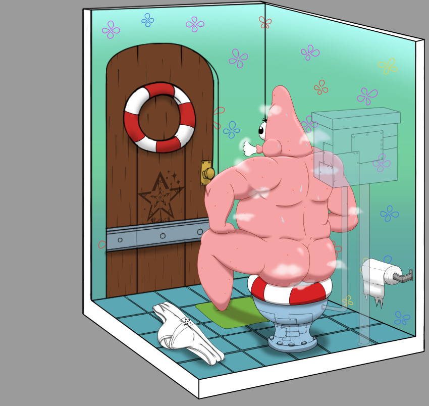 absurd_res anthro asterozoan barazoku butt clothing door echinoderm fafnir_stardust_(artist) hi_res male marine musk musk_clouds nickelodeon patrick_star solo spongebob_squarepants starfish toilet toilet_paper toilet_use underwear