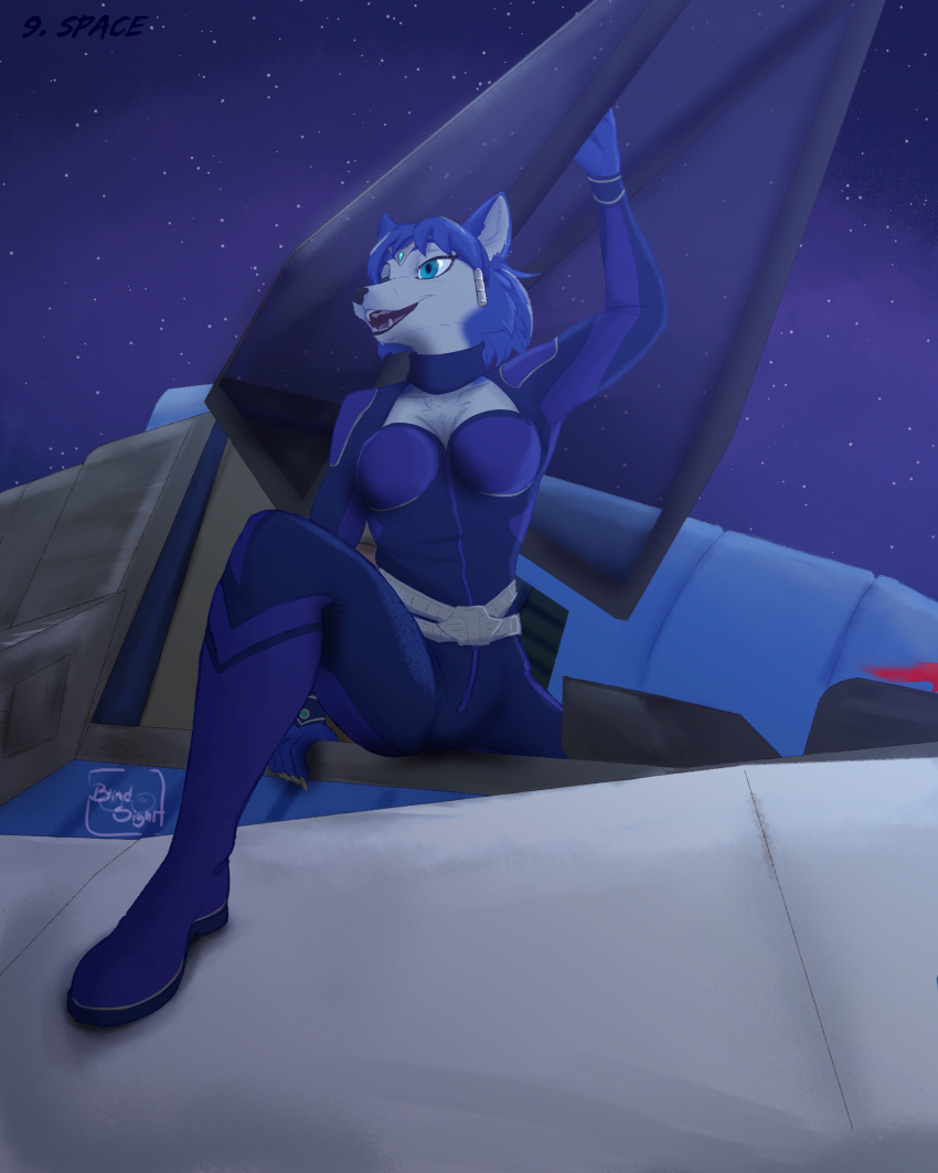 absurd_res anthro arwing belt blue_body blue_eyes blue_fur breasts canid canine cleavage clothed clothing female fox fur hi_res krystal looking_away mammal night nintendo plantigrade sitting sky smile solo spread_legs spreading star star_fox starfox_assault starry_sky taiarts tight_clothing