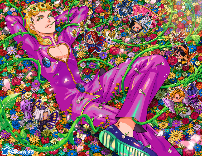 6+boys absurdres aerosmith_(stand) antennae arms_behind_back bruno_bucciarati butterfly_wings chain chibi cleavage_cutout clothing_cutout crossed_legs flower giorno_giovanna guido_mista hair_flower hair_ornament highres jojo_no_kimyou_na_bouken ladybug_ornament leone_abbacchio lying male_focus moody_blues_(stand) mouth_hold multiple_boys narancia_ghirga on_back pannacotta_fugo plant purple_haze_(stand) relaxing sex_pistols_(stand) sticky_fingers_(stand) tasse_jj vento_aureo vines wing_ornament wings zipper