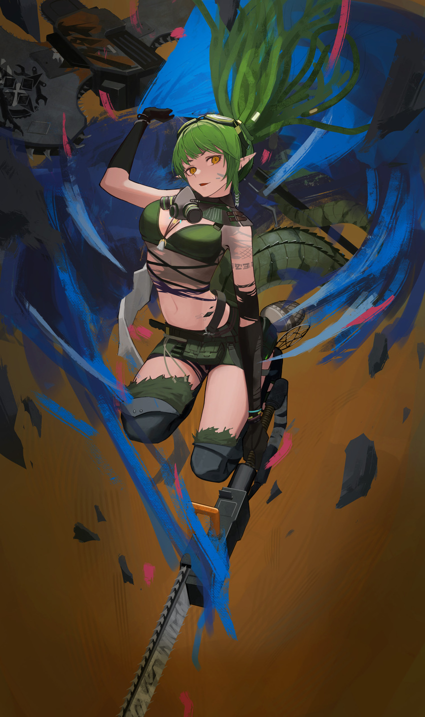 1girl absurdres arknights belt black_gloves bracelet breasts canteen chainsaw cleavage crocodilian_tail crop_top elbow_gloves floating_hair gavial_(arknights) gavial_the_invincible_(arknights) gloves goggles goggles_on_head green_eyes green_shorts green_thighhighs highres holding holding_chainsaw jewelry long_hair navel necklace open_mouth orange_background oripathy_lesion_(arknights) pointy_ears ponytail pouch respirator short_shorts shorts sidelocks small_breasts smile solo tail thighhighs yakupan yellow_eyes