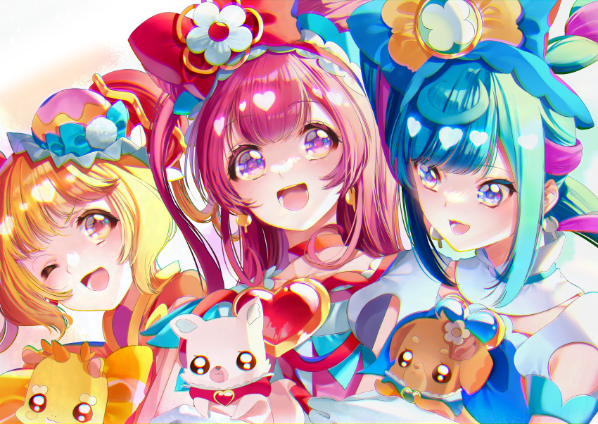 3girls :d ;d absurdres animal blonde_hair blue_bow blue_dress blue_eyes blue_hair bow brooch bun_cover chinese_clothes choker clothing_cutout commentary cone_hair_bun cure_precious cure_spicy cure_yum-yum delicious_party_precure dog double_bun dragon dress earrings fox frilled_hairband frills fuwa_kokone gloves hair_bow hair_bun hairband hanamichi_ran heart_brooch highres holding holding_animal jewelry kome-kome_(precure) long_hair looking_at_viewer mem-mem_(precure) multicolored_hair multiple_girls nagomi_yui one_eye_closed open_mouth orange_dress pam-pam_(precure)_(human) pink_dress pink_hair precure purple_eyes red_bow red_choker red_eyes short_hair shoulder_cutout side_ponytail smile standing triple_bun two-tone_hair two_side_up white_gloves yuutarou_(fukiiincho)