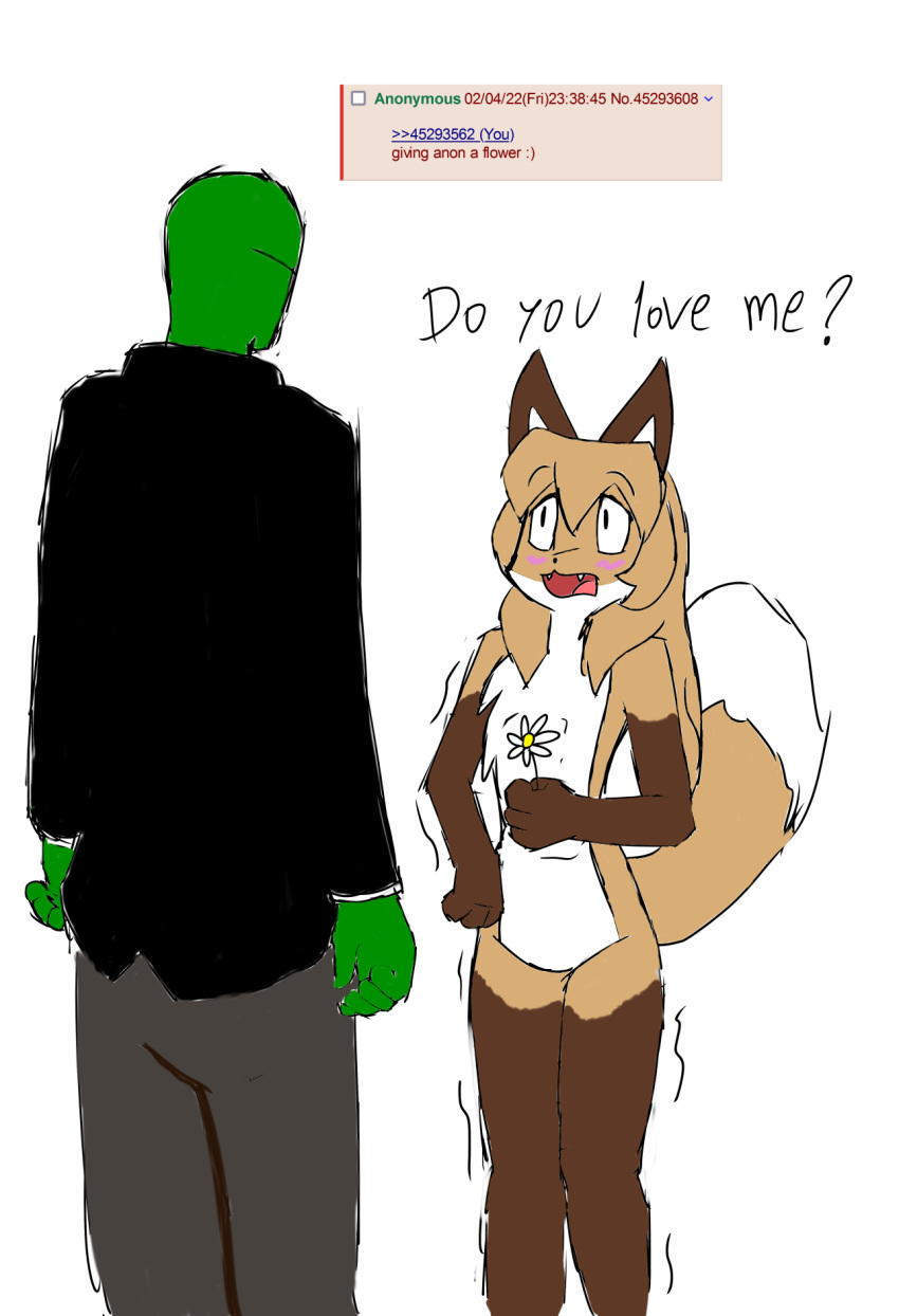 4chan anon anonymous_artist anthro averi_(fiddleafox) black_tie_(suit) brown_body brown_fur canid canine clothing colored dipstick_tail duo english_text female female_anthro flower fox fur gloves_(marking) hair hi_res human leg_markings looking_at_another male male/female mammal markings nervous plant socks_(marking) standing suit tail tail_markings text white_body white_fur