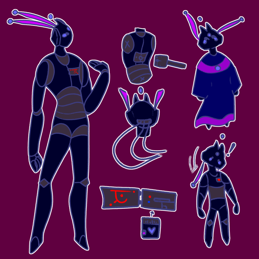 &lt;3 ambiguous_gender blue_body blue_clothing clothing exclamation_point fan_character hi_res humanoid iterator kayw2324 machine model_sheet motion_lines nude outline rain_world restless_chime_(kayw2324) robot robot_humanoid simple_background solo symbol wire