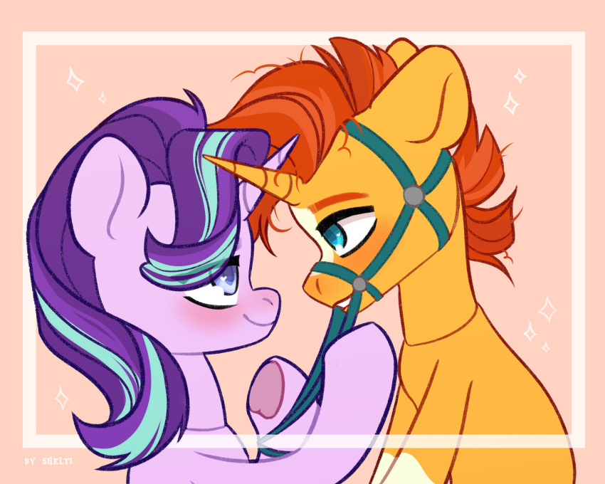 2023 blue_eyes blush bridle digital_media_(artwork) duo equid equine female feral friendship_is_magic fur hair hasbro hi_res hooves horn male mammal multicolored_hair my_little_pony orange_body orange_fur orange_hair pink_body pink_fur purple_hair shelti signature smile starlight_glimmer_(mlp) sunburst_(mlp) two_tone_hair underhoof unicorn