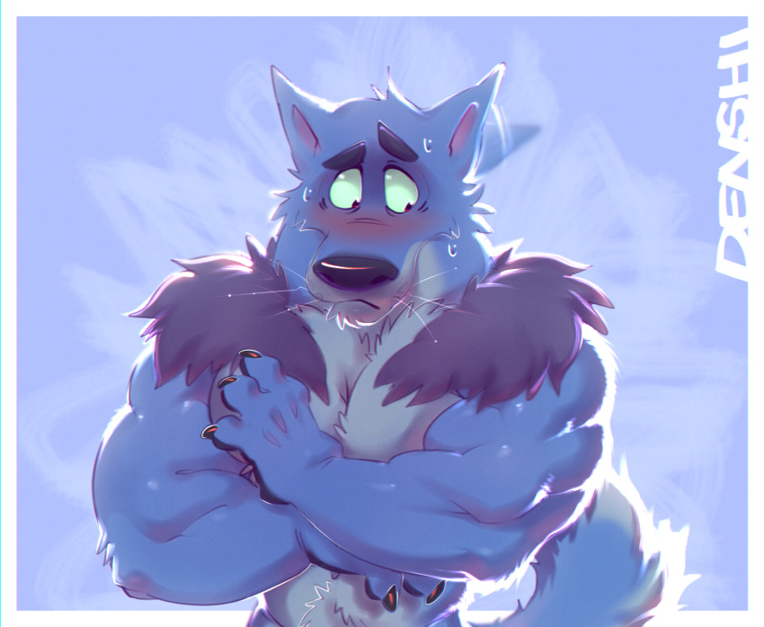 2022 abs anthro big_nose blue_background blue_body blue_fur blush bodily_fluids border canid canine canis cheek_tuft chest_tuft claws clothed clothing countershade_face countershade_neck countershade_torso countershading digital_media_(artwork) e-w01f eyebrows facial_tuft fluffy fluffy_tail fur green_sclera half-length_portrait head_tuft hi_res looking_down male mammal muscular muscular_anthro muscular_arms muscular_male neck_tuft portrait red_eyes shy signature simple_background sweat sweatdrop tail thick_eyebrows thick_neck toony toony_eyes topless topless_anthro topless_male tuft whiskers white_border wolf