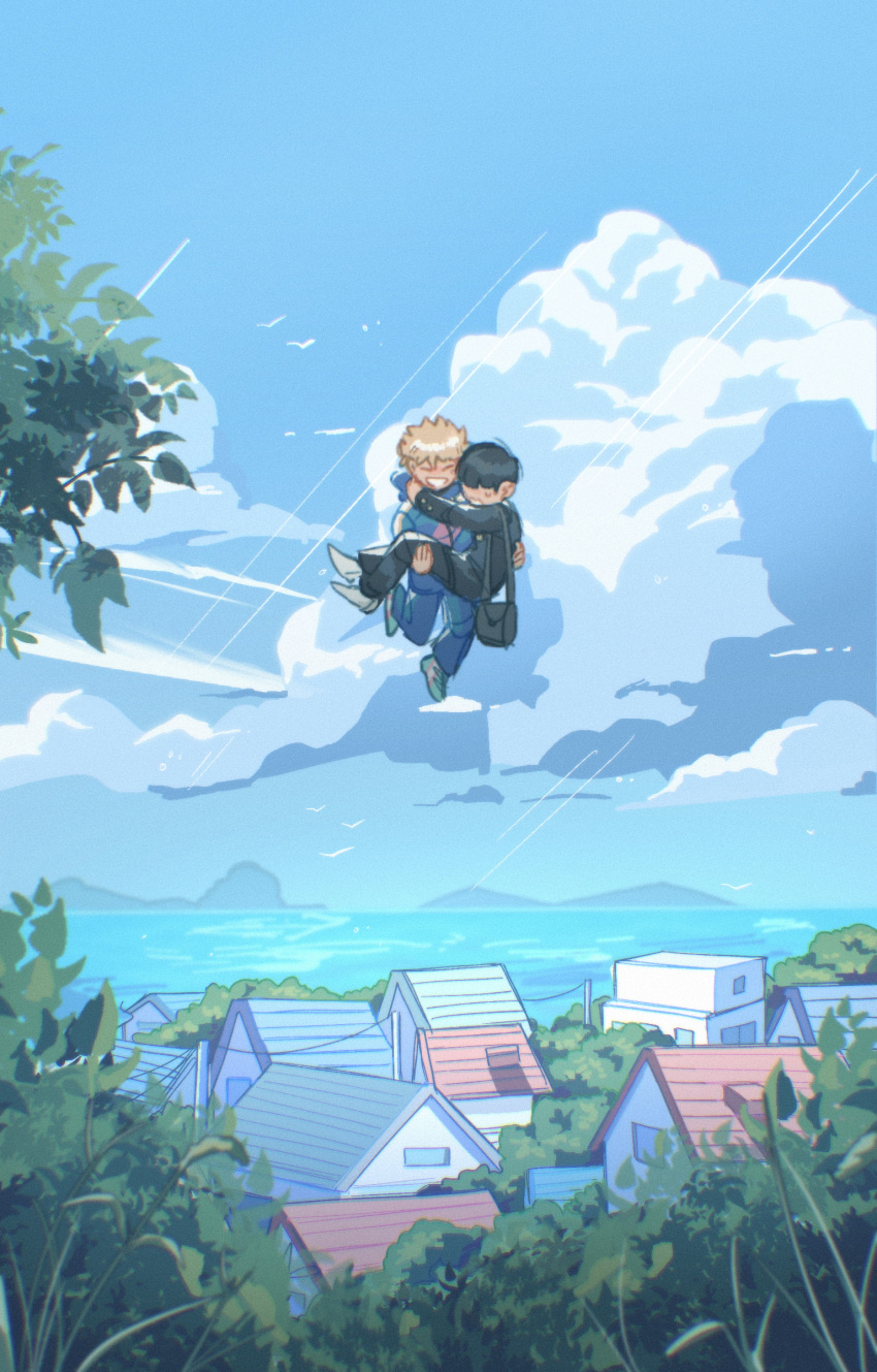 2boys absurdres bag black_hair blonde_hair blue_sky building carrying closed_eyes cloud commentary day english_commentary floating gakuran hanazawa_teruki highres jacket kageyama_shigeo long_sleeves male_focus mob_psycho_100 mp100days multiple_boys open_mouth outdoors pants princess_carry scenery school_uniform shoes short_hair sky smile water