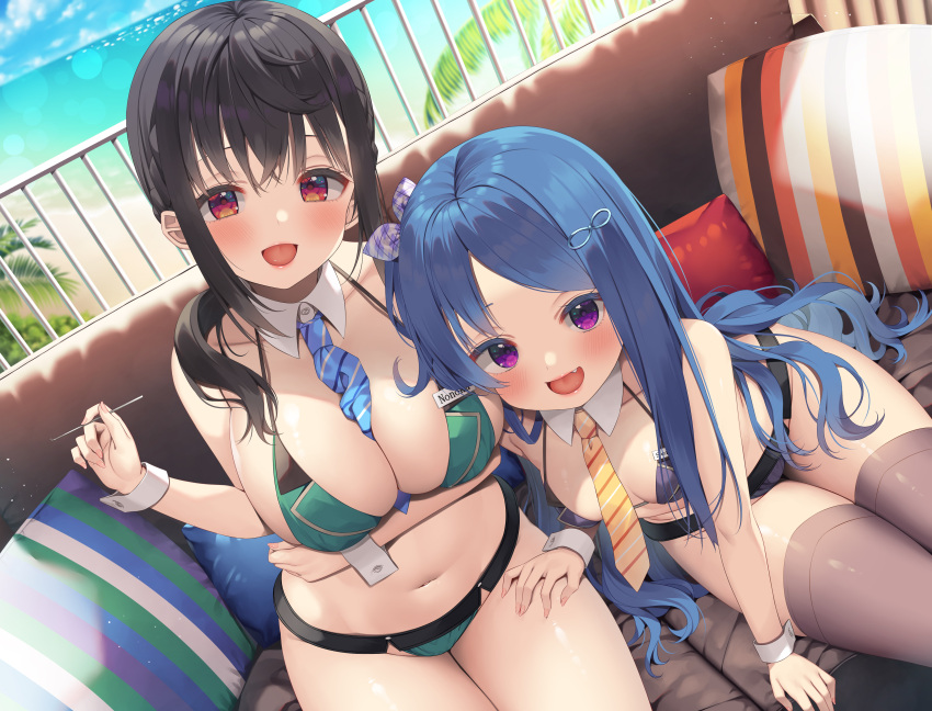 2girls absurdres asa_no_ha_(awayuki) bare_arms bare_shoulders between_breasts bikini black_hair blue_hair breast_hold breasts brown_thighhighs cleavage couch day detached_collar dutch_angle fang green_bikini hair_ornament hair_over_shoulder hair_ribbon hairclip halterneck hand_on_another's_thigh hand_up highres holding large_breasts leaning_forward long_hair looking_at_viewer mimikaki multiple_girls navel necktie necktie_between_breasts non-web_source on_couch one_side_up open_mouth original outdoors parted_bangs pillow purple_bikini purple_eyes red_eyes ribbon sidelocks sitting small_breasts smile stomach strap_gap string_bikini striped_necktie swimsuit thighhighs thighs wing_collar wrist_cuffs