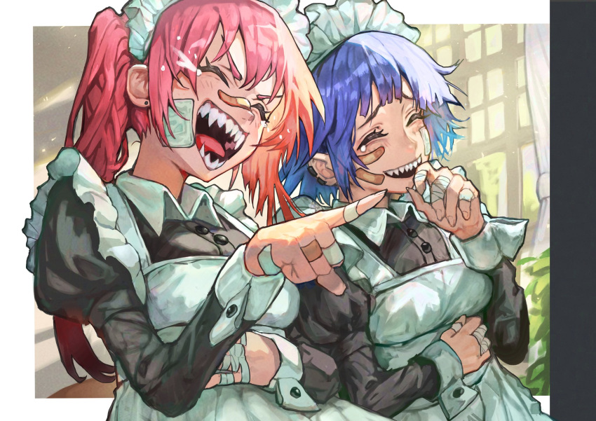 2girls apron bandaged_fingers bandages bandaid bandaid_on_cheek bandaid_on_face bandaid_on_hand bandaid_on_nose black_dress blue_hair blush breasts closed_eyes curtains dress ear_piercing frilled_apron frills hair_between_eyes highres juliet_sleeves laughing long_hair long_sleeves maid maid_headdress medium_breasts multicolored_hair multiple_girls open_mouth original piercing pointy_ears puffy_sleeves red_hair reomenka sharp_teeth short_hair tears teeth tongue upper_body white_apron window