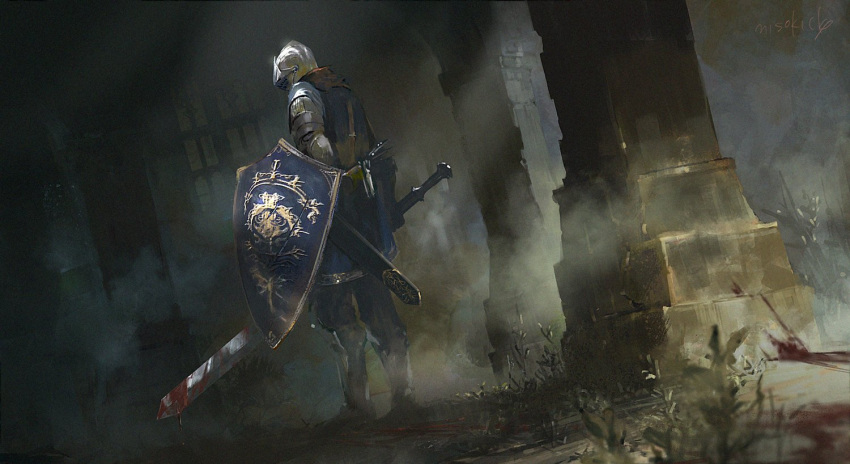 1boy armor blood blood_on_weapon blood_splatter blue_tunic commentary crest dark_souls_(series) dark_souls_i dust dutch_angle facing_away film_grain from_behind full_armor full_body helm helmet holding holding_shield holding_sword holding_weapon knight knight_of_astora_oscar male_focus miso_katsu pauldrons pillar red_scarf scabbard scarf sheath shield shoulder_armor shoulder_strap signature solo standing sword weapon weeds