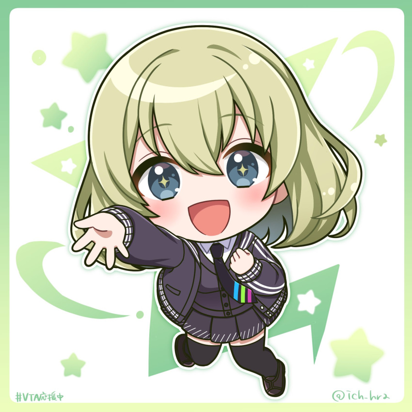 +_+ 1girl :d black_jacket black_necktie black_skirt black_sweater_vest black_thighhighs blue_eyes border brown_footwear chibi clenched_hand collared_shirt commentary full_body gradient_border green_border green_hair hashtag highres ichihara_naga jacket light_blush meano_(vta) necktie nijisanji open_mouth outstretched_hand school_uniform shirt shoes short_hair skirt smile solo star_(symbol) sweater_vest thighhighs twitter_username virtual_talent_academy_uniform virtual_youtuber white_background white_shirt wing_collar