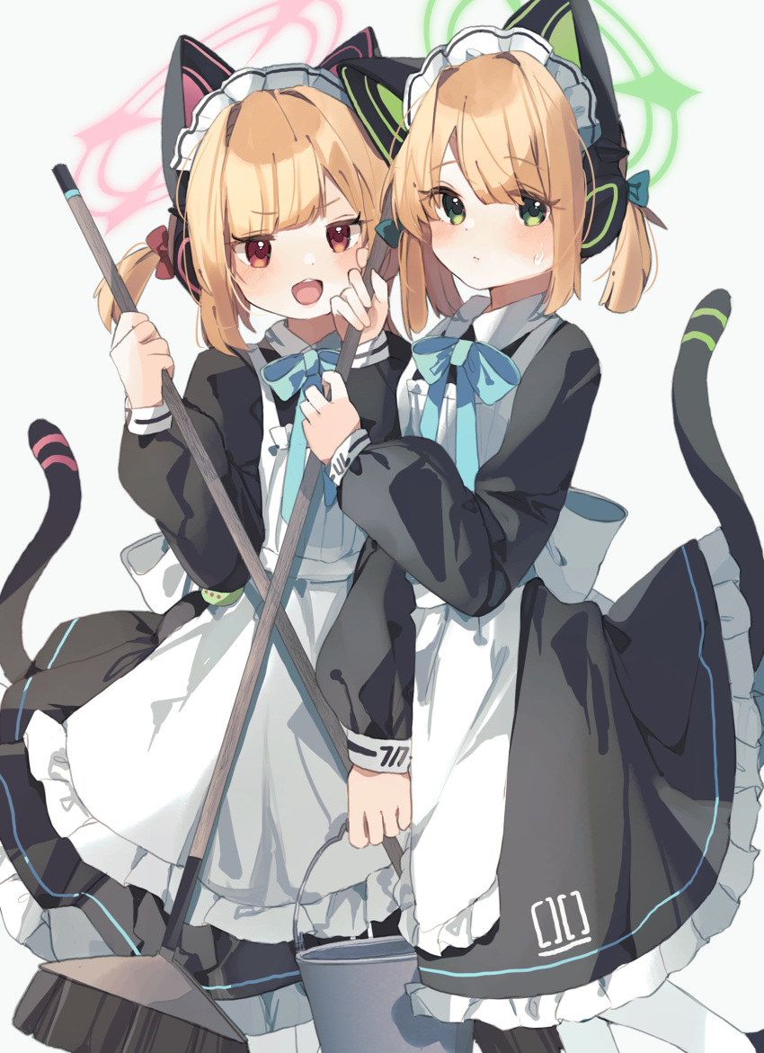 2girls animal_ear_headphones animal_ears apron aqua_ribbon black_dress blonde_hair blue_archive blue_ribbon blush broom bucket cat_ear_headphones cat_ears cat_tail closed_mouth commentary dress fake_animal_ears fake_tail feet_out_of_frame frilled_apron frilled_dress frills gominami green_eyes green_halo halo headphones highres holding holding_broom holding_bucket long_sleeves looking_at_viewer maid maid_apron maid_headdress midori_(blue_archive) midori_(maid)_(blue_archive) momoi_(blue_archive) momoi_(maid)_(blue_archive) multiple_girls neck_ribbon official_alternate_costume open_mouth pantyhose petticoat pinafore_dress pink_halo puffy_long_sleeves puffy_sleeves red_eyes ribbon siblings simple_background sisters sleeveless sleeveless_dress sweatdrop tail tail_under_clothes teeth twins twintails two_side_up upper_teeth_only white_apron white_background white_pantyhose