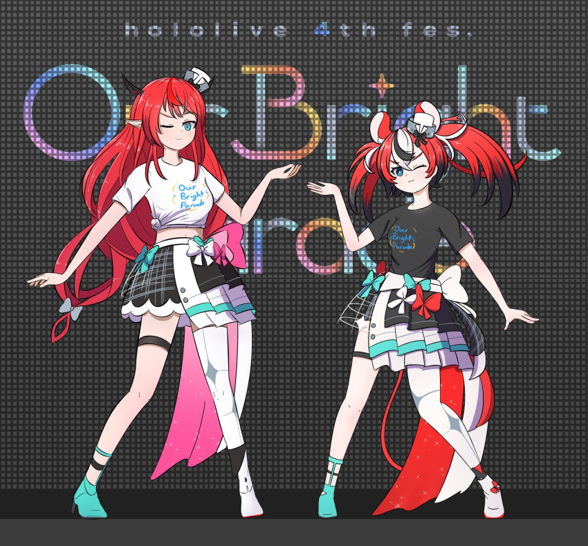 2girls :3 animal_ears aqua_eyes asymmetrical_footwear black_hair blue_eyes bow breasts commentary crinoline english_commentary hair_between_eyes hair_bow hakos_baelz high_heels highres hololive hololive_english hololive_idol_uniform_(bright) horns irys_(hololive) long_hair low-tied_long_hair medium_breasts miniskirt mismatched_footwear mouse_ears mouse_girl mouse_tail multicolored_hair multiple_girls one_eye_closed pointy_ears red_hair shirt single_thighhigh skirt streaked_hair tail tensutensu thighhighs tied_shirt tilted_headwear twintails virtual_youtuber white_hair