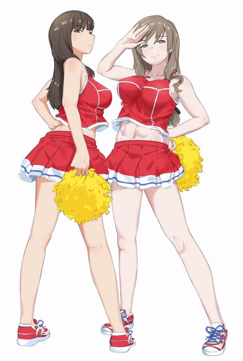 2girls absurdres bags_under_eyes blunt_bangs breasts brown_hair cheerleader crop_top girls_und_panzer highres huaronanago large_breasts light_brown_hair long_hair mature_female medium_bangs multiple_girls navel nishizumi_shiho shimada_chiyo smile stomach