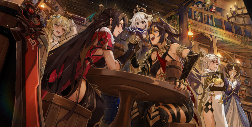 1boy 6+girls absurdres ahoge amber_(genshin_impact) androgynous arm_armor arm_wrestling asymmetrical_clothes bar_(place) bare_shoulders beidou_(genshin_impact) beret black_gloves black_hair black_thighhighs blonde_hair blue_eyes breasts brown_eyes brown_hair candle cape capelet chandelier chinese_clothes coat collei_(genshin_impact) criss-cross_halter crossed_bangs cup dark-skinned_female dark_skin dehya_(genshin_impact) detached_sleeves dress drunk dunyarzad_(genshin_impact) earrings elbow_gloves english_commentary fingerless_gloves flower fur-trimmed_coat fur_trim genshin_impact gloves goggles greatsword green_capelet green_hair green_headwear hair_between_eyes hair_ears hair_flower hair_ornament hair_ribbon hair_stick hairband hairpin halo halterneck hat highres holding holding_cup jewelry long_hair long_sleeves looking_at_another lumine_(genshin_impact) medium_breasts multicolored_hair multiple_girls multiple_thigh_straps navel neck_ring ningguang_(genshin_impact) open_mouth paimon_(genshin_impact) parted_bangs purple_eyes red_eyes red_nails red_ribbon ribbon scarf shirt short_hair short_hair_with_long_locks shorts sidelocks sitting smile stomach streaked_hair sword table thighhighs thighs venti_(genshin_impact) very_long_hair weapon white_dress white_flower white_hair xude yellow_eyes