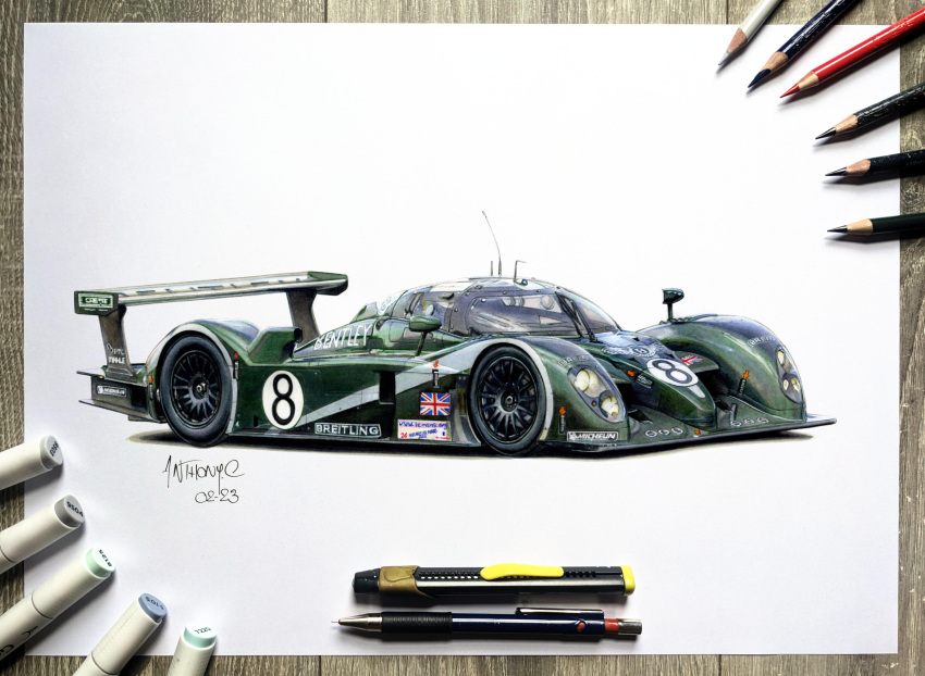 absurdres anthony-c art_tools_in_frame artist_name bentley bentley_speed_8 car colored_pencil colored_pencil_(medium) dated english_commentary highres le_mans_prototype marker_(medium) mechanical_pencil michelin michelin_man motor_vehicle pencil photo_(medium) race_vehicle racecar real_life roundel traditional_media union_jack vehicle_focus white_background